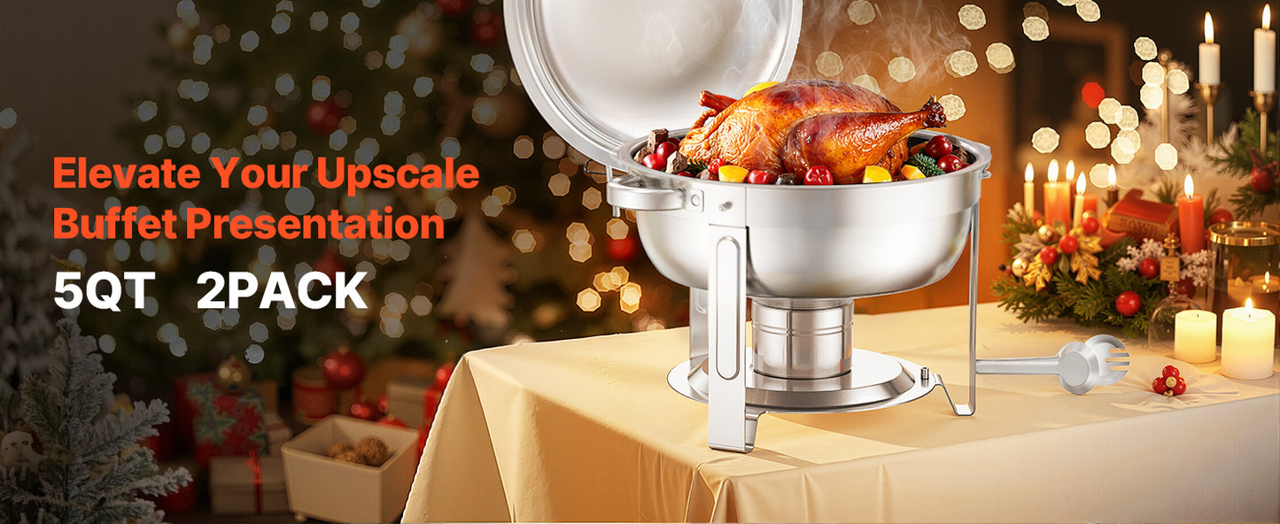 SucceBuy 2Pack 5QT Chafing Dish Buffet Set Stainless Steel Chafer w/ 2 Full Size Pans Round Catering Warmer Server Lid Water Pan