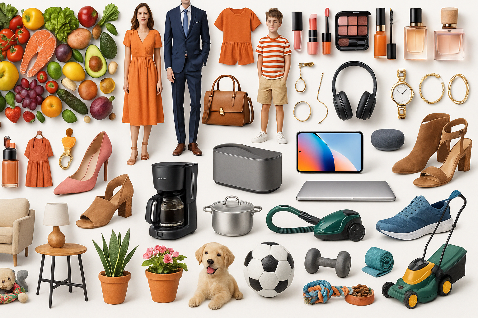 create an image of every items from all industries of the world, items from food, to clothing, fashion, beauty, household, kitchen, garden electronics, tech, jewelries, shoe, men and women and children clothings, pet supplies among others, incude all in the image, this image is for an online shopping store