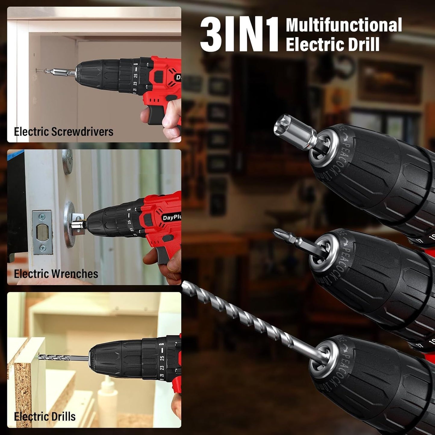 Cordless Drill Driver 21V, Electric Drill Kit with LI-ion Battery, Cordless Combi Screwdriver 25+1 Torque, 45N.m Max, 32pcs Accessory, 2 Variable Speed, LED Light for Home and Garden DIY Project 3/8" Keyless Chuck