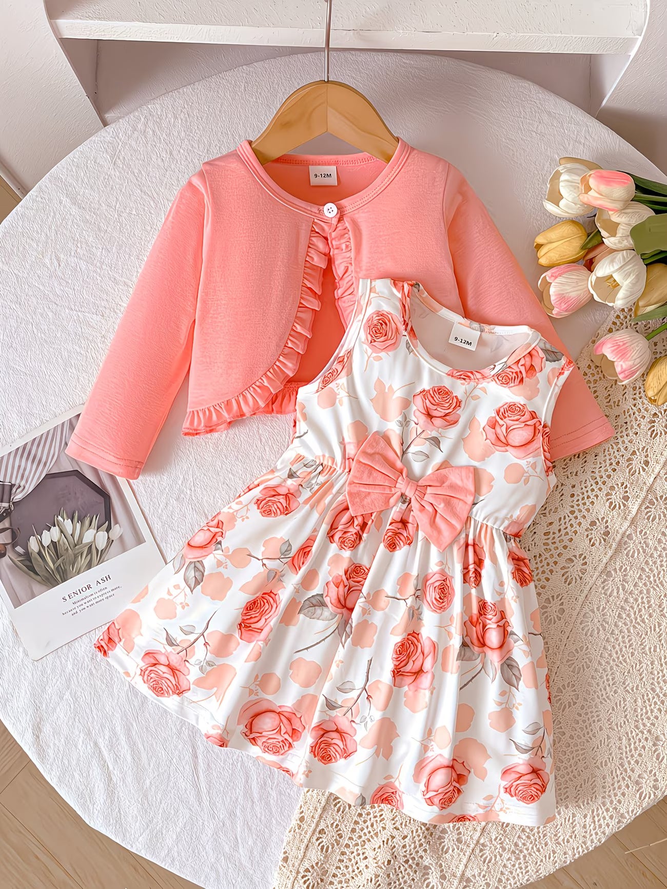 2pcs Set Girl's Dress + Ruffle Cardigan Set, Baby Butterfly Tie Waist All-Over Rose Flower Romantic Fabric, Elastic Skin-Friendly Soft And Comfortable, 6 Months-3 Years Old, Suitable for Spring/Autumn, Baby Daily Wear, Outdoor Play