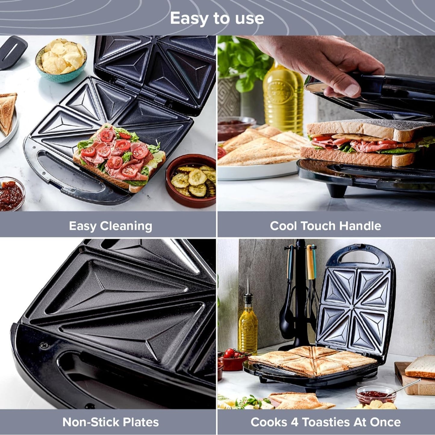 4 Slice Toastie Maker/Easy Clean Non Stick Sandwich Toaster Electric Sandwich Maker & Panini Press – 1400W High Power Indoor Grill with Non-Stick Floating Plates, Uniform Rapid Heating, Cool Touch Handle, Compact Kitchen To