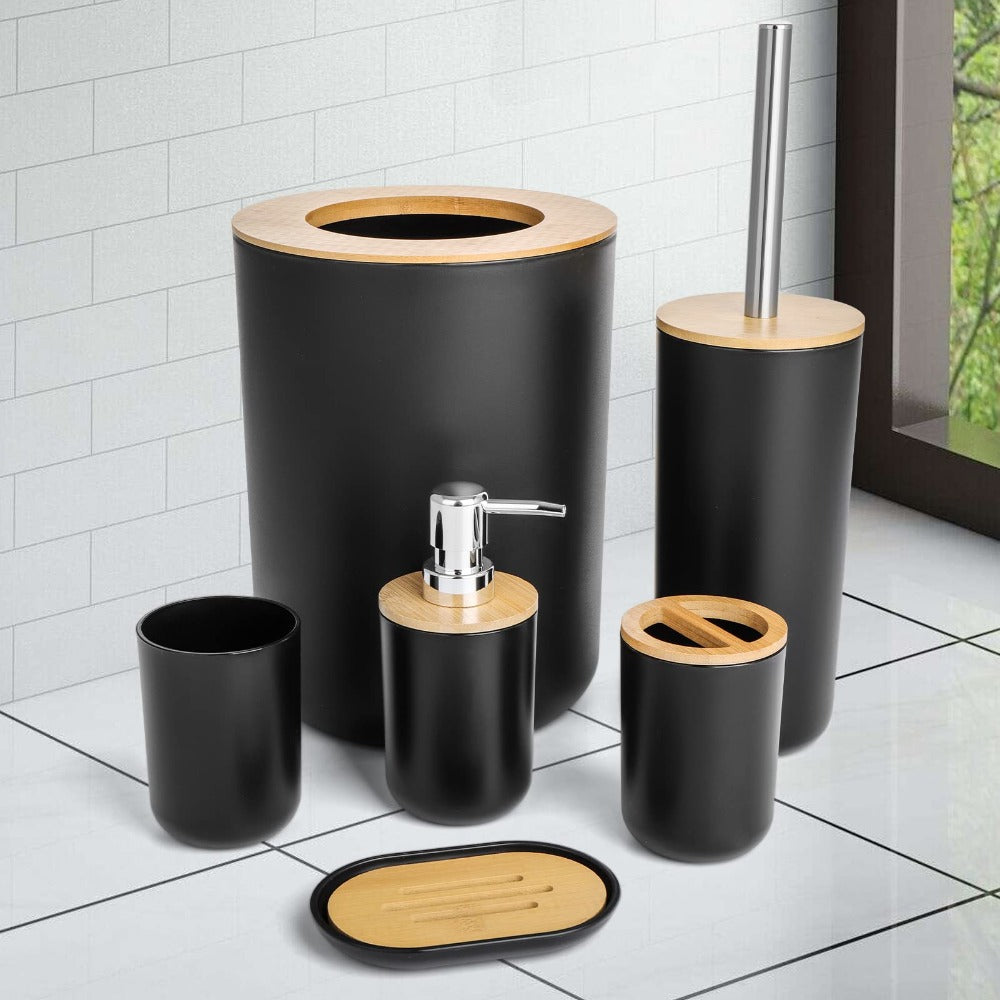 6pcs Bamboo Bathroom Accessories set, Luxury Bathroom Accessory Set Bathroom Bin And Toilet Brush Set Toothbrush Holder Tumbler Soap Dish Trash Can Soap Dispenser Bath Set Gift