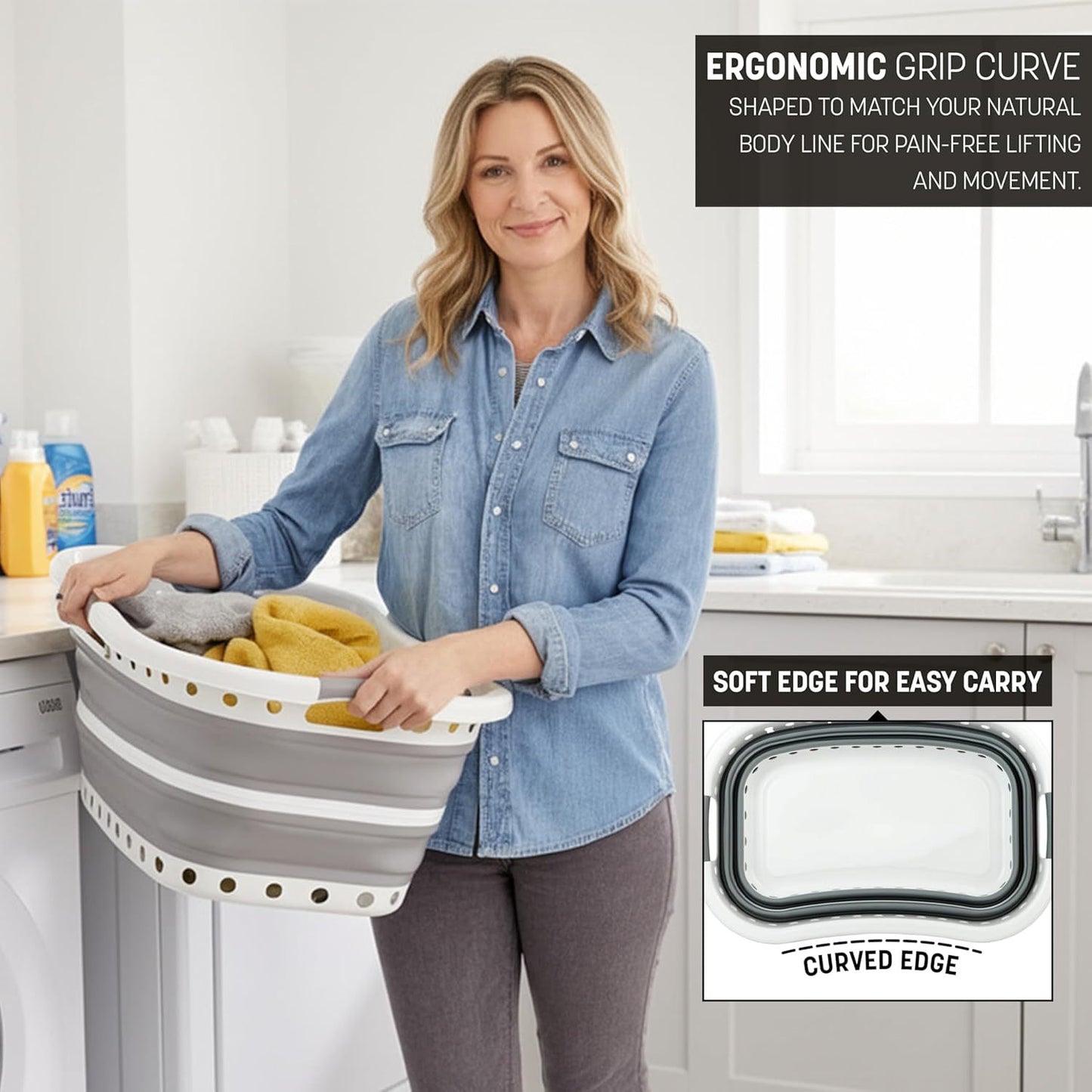 Pop Up Laundry Basket with 3 Carrier Handles Foldable Collapsible Portable Large Clothes Storage Plastic Hamper Folding Space Saving Curved Side Rectangle Shape Bucket Grey & White (with Holes at the Bottom)