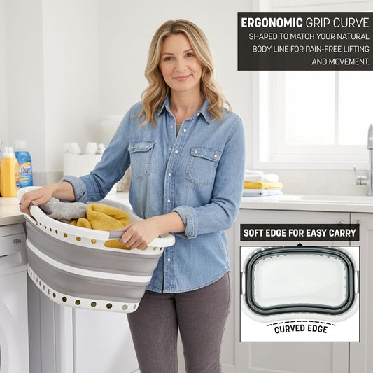 Pop Up Laundry Basket with 3 Carrier Handles Foldable Collapsible Portable Large Clothes Storage Plastic Hamper Folding Space Saving Curved Side Rectangle Shape Bucket Grey & White (with Holes at the Bottom)