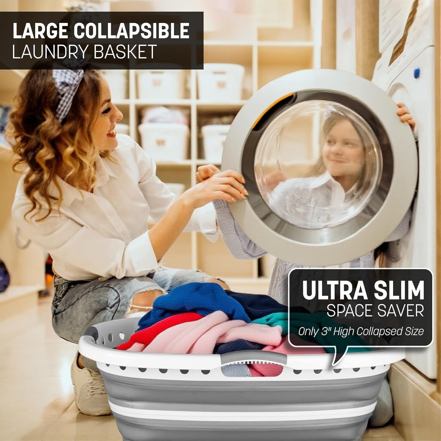 Pop Up Laundry Basket with 3 Carrier Handles Foldable Collapsible Portable Large Clothes Storage Plastic Hamper Folding Space Saving Curved Side Rectangle Shape Bucket Grey & White (with Holes at the Bottom)