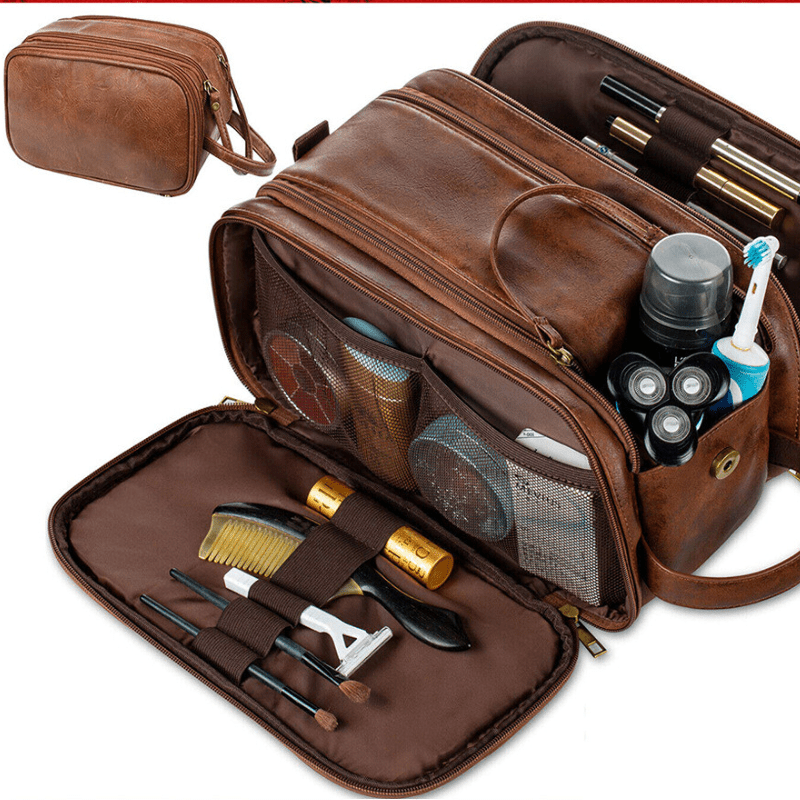 1pc Men's Multi Functional Genuine Cowhide Leather Toiletry Bag, Large Capacity Travel Bag, Retro Handbag For Men's Makeup Bag, Large Capacity Storage Bag