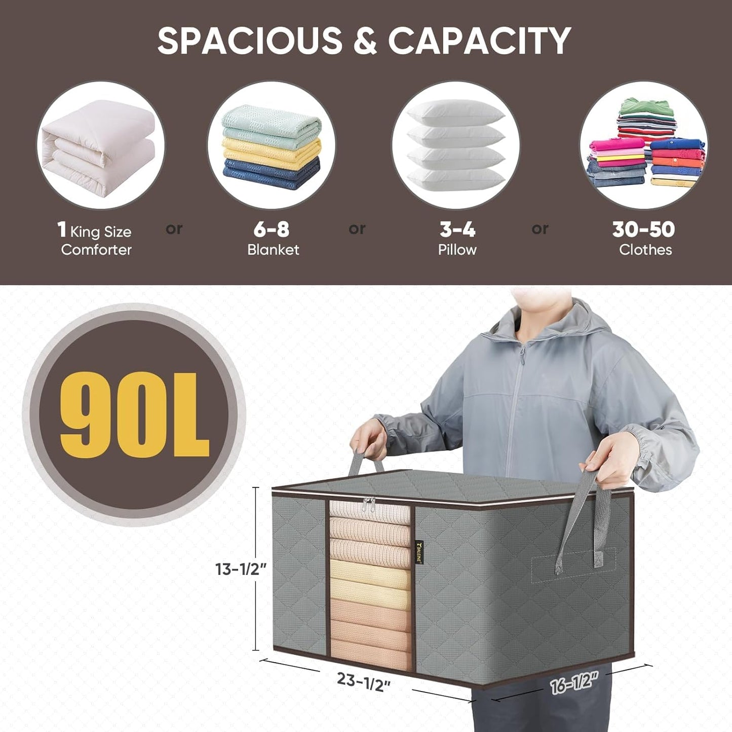 90L Large Capacity Folding Clothes Storage Trunks, 24 Gallon Storage Containers Bags with Reinforced Handle, Clear Window, Sturdy Zipper, Closet Organizer for Blanket, Comforter, Pillow, Bedding Organizer Bin Under-Bed Storag