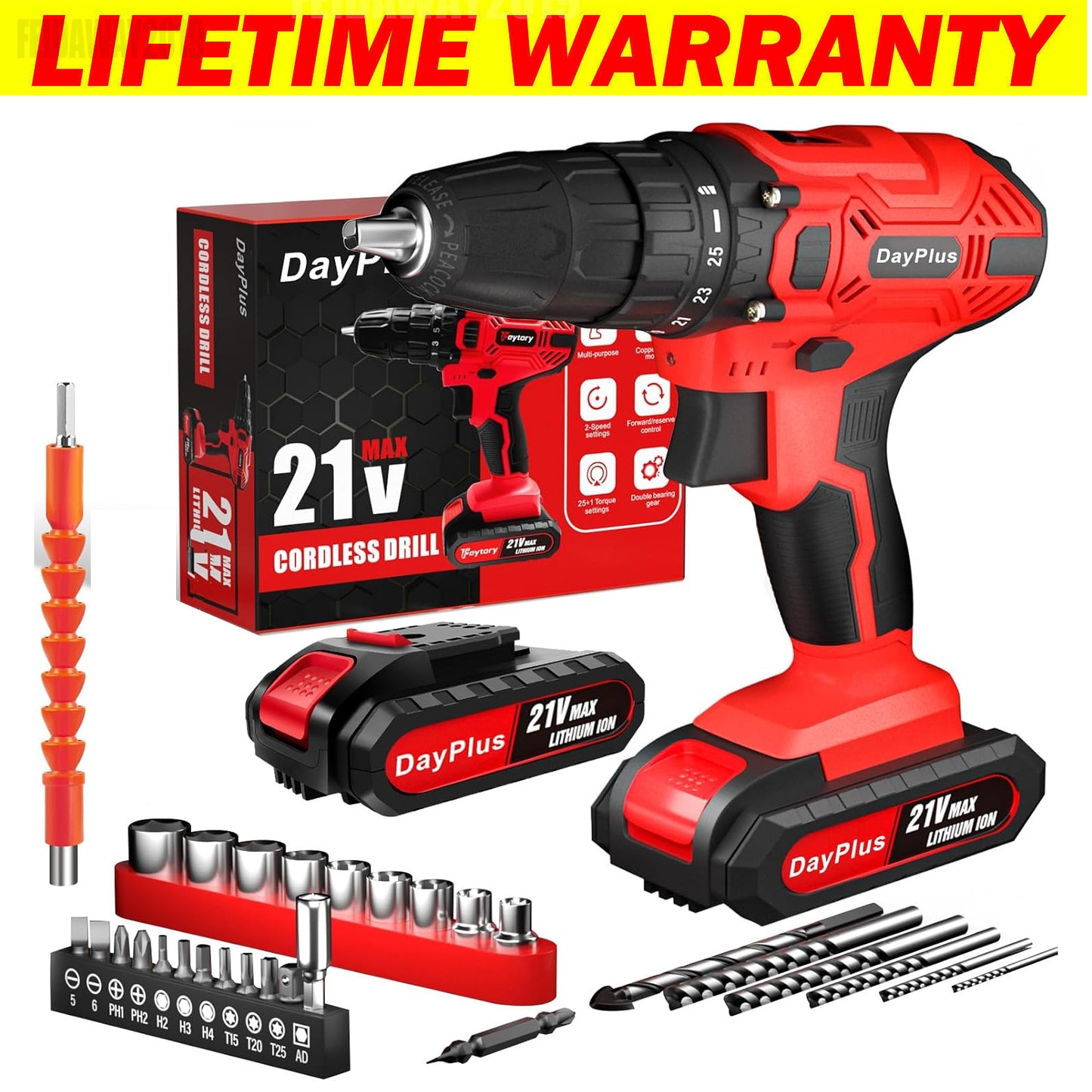 Cordless Drill Driver 21V, Electric Drill Kit with LI-ion Battery, Cordless Combi Screwdriver 25+1 Torque, 45N.m Max, 32pcs Accessory, 2 Variable Speed, LED Light for Home and Garden DIY Project 3/8" Keyless Chuck