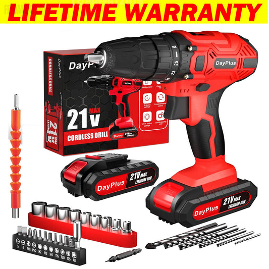 Cordless Drill Driver 21V, Electric Drill Kit with LI-ion Battery, Cordless Combi Screwdriver 25+1 Torque, 45N.m Max, 32pcs Accessory, 2 Variable Speed, LED Light for Home and Garden DIY Project 3/8" Keyless Chuck