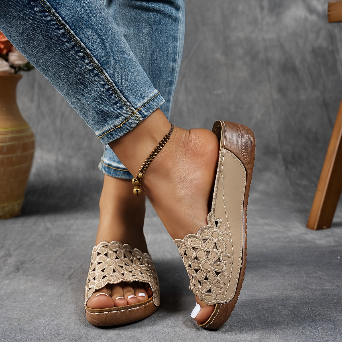 Ladies' Wedge Embroidered Sandals, Stylish And Casual Slip-On Shoes., Women Shoes