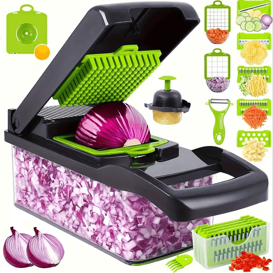 A Multifunctional 16-In-1 Food Chopper, Including a Vegetable Chopper, Onion Chopper, Vegetable Slicer, Dicer, And More, Equipped with 8 Blades, a Strainer Basket, And Containers for Salad, Potatoes, Carrots, And Garlic, Alon