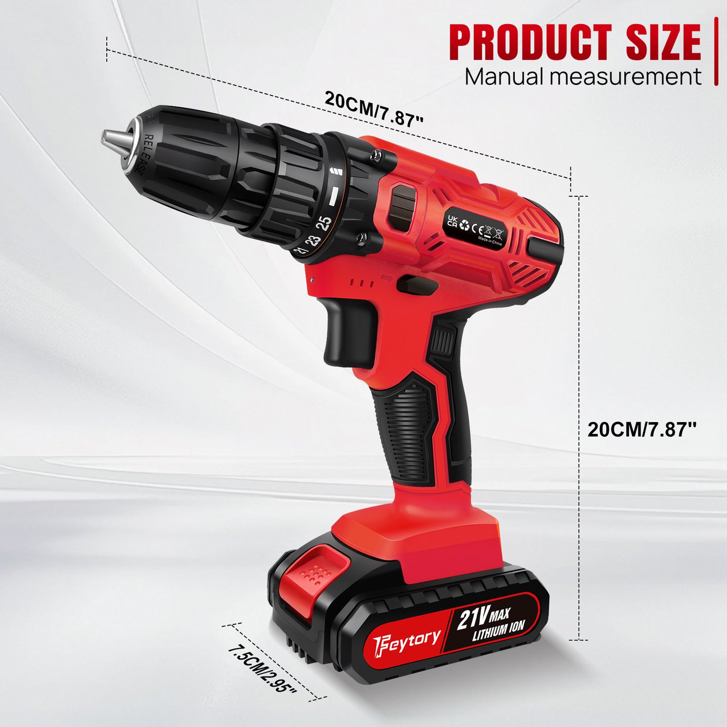 Cordless Drill Driver 21V, Electric Drill Kit with LI-ion Battery, Cordless Combi Screwdriver 25+1 Torque, 45N.m Max, 32pcs Accessory, 2 Variable Speed, LED Light for Home and Garden DIY Project 3/8" Keyless Chuck