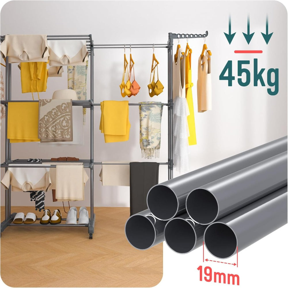 4 Tier Large Clothes Airer with Wings, Retractable Folding Drying Rack with Wheels for Indoor & Outdoor Use, 190 × 64 × 170 cm, Grey