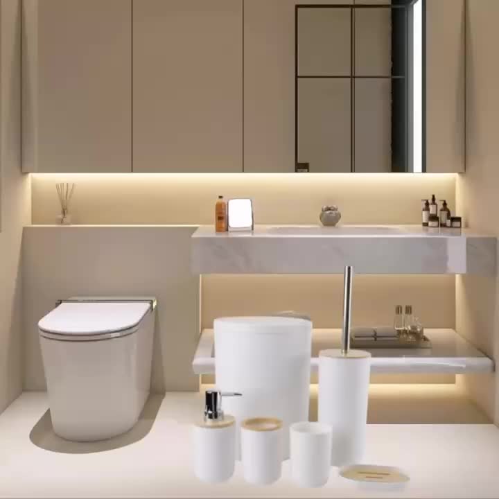 6pcs Bamboo Bathroom Accessories set, Luxury Bathroom Accessory Set Bathroom Bin And Toilet Brush Set Toothbrush Holder Tumbler Soap Dish Trash Can Soap Dispenser Bath Set Gift