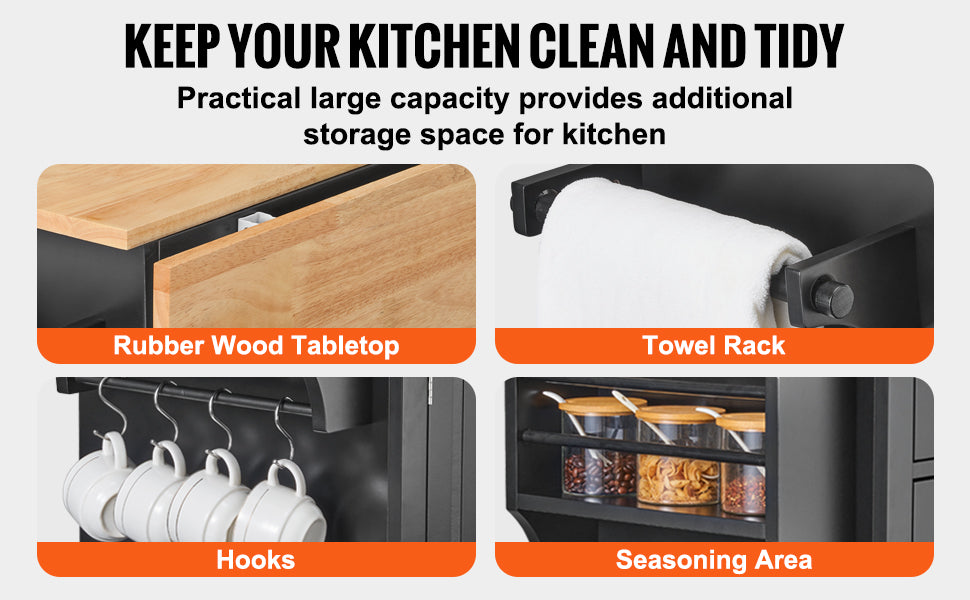 SucceBuy 43" Kitchen Island Cart Wood Top Mobile Carts with Storage Cabinet Rolling Table with Drop Leaf Spice Rack Towel Bar