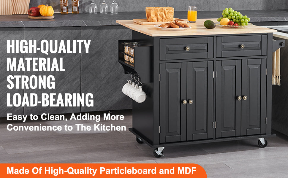 SucceBuy 43" Kitchen Island Cart Wood Top Mobile Carts with Storage Cabinet Rolling Table with Drop Leaf Spice Rack Towel Bar